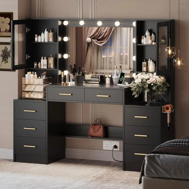 

Makeup Vanity Desk with Mirror and Lights, 58.3" Makeup Vanity with Lights & Charging Station,