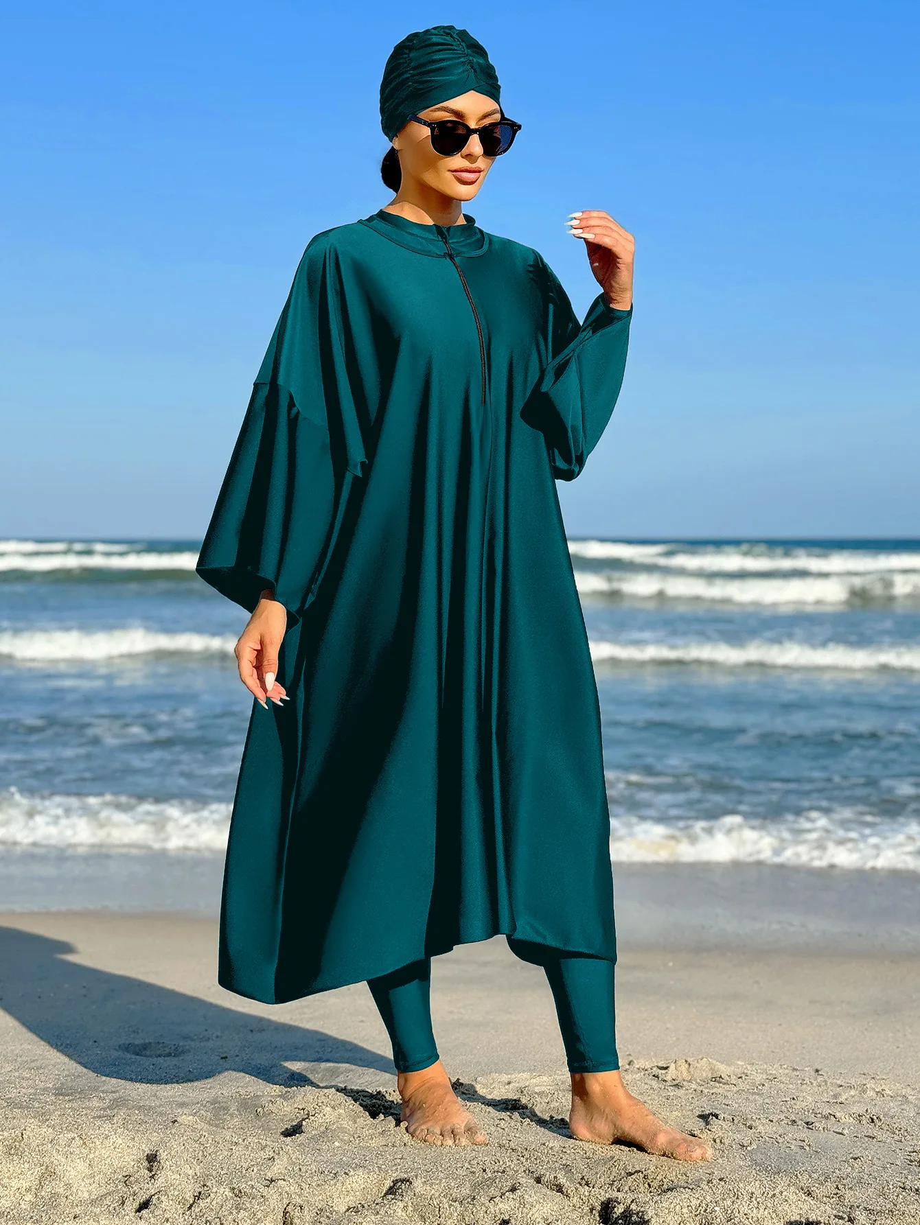 Modest Swimwear Royal Green swimsuit Loose Swimwear for Women solid color long sleeved Robe and one-piece swimwear with Hijab