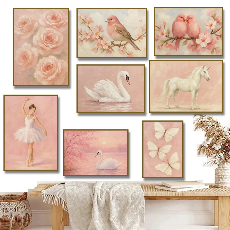 Pink Butterfly Flowers Birds Swan Unicorn Flamingo Poster Print Canvas Painting Art Pictures for Living Room Home Decor Cuadr