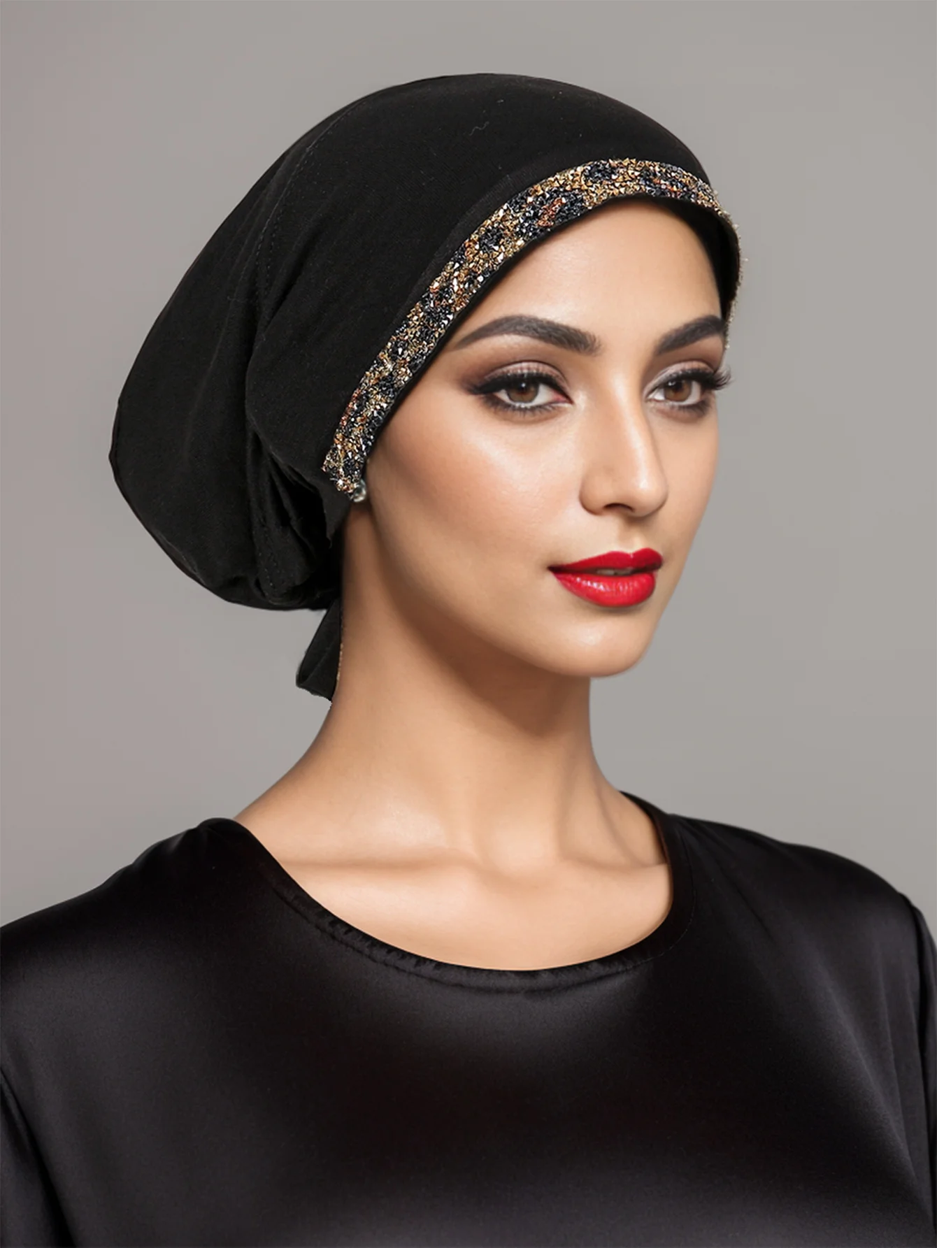 

Solid Color Muslim Hijabs for Women Shining Hot Stamping Diamond Bottom Hat Turban Elastic Strap Cap Viscose Cotton Headband