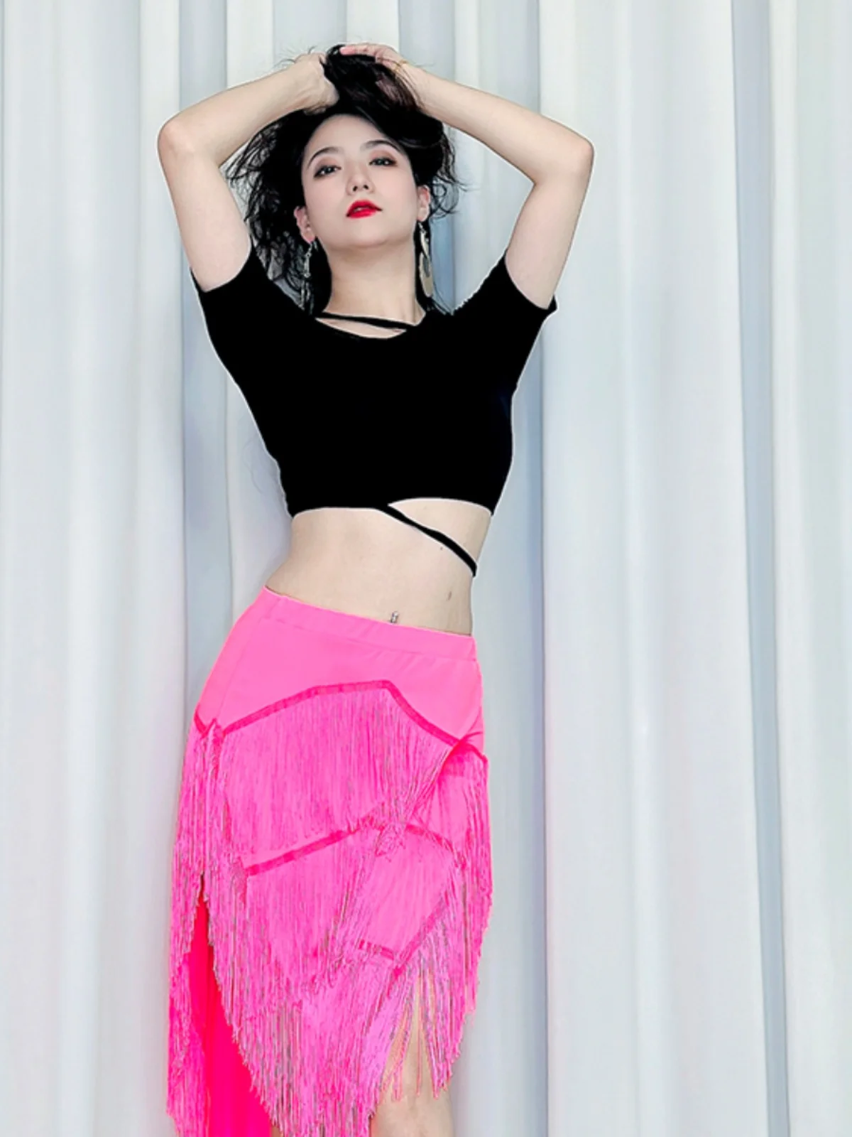 Costume d'entraînement de danse du ventre avec pompon rose Fluorescent, Sexy et polyvalent, tenue de spectacle sur scène, tissu Modal Fusion Sle pour femmes