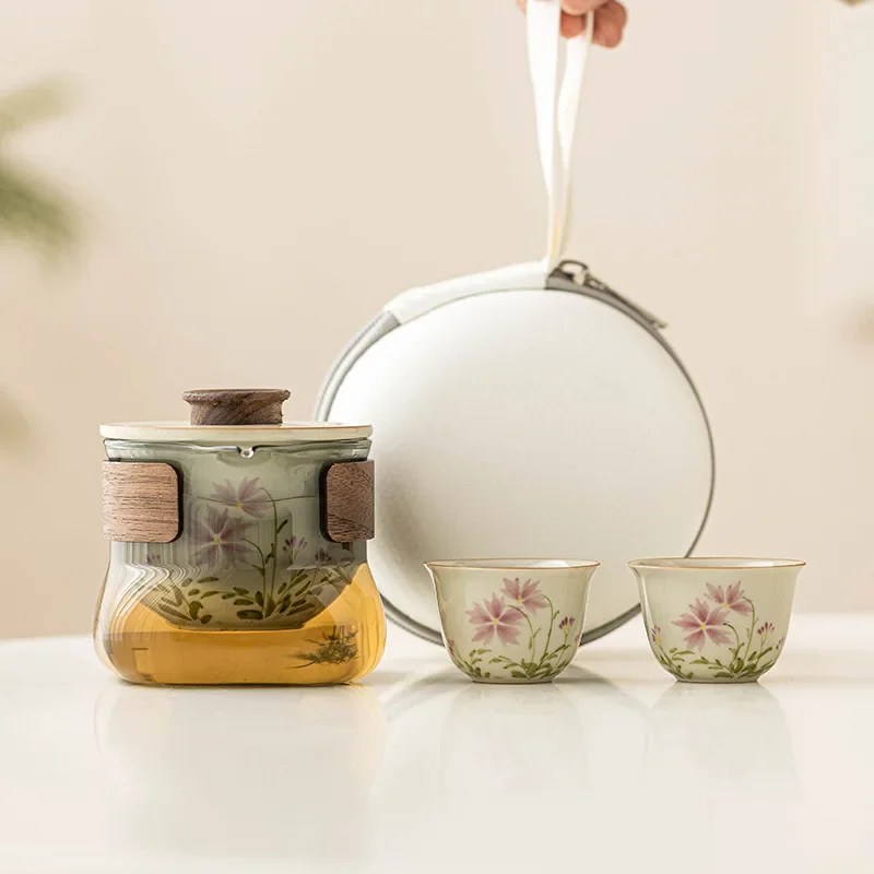 Hand-painted Daisy Travel Teaware Set Portable Tea Set Personal Outdoor Ceramic Tea Making Small Set One Pot and Two Cups