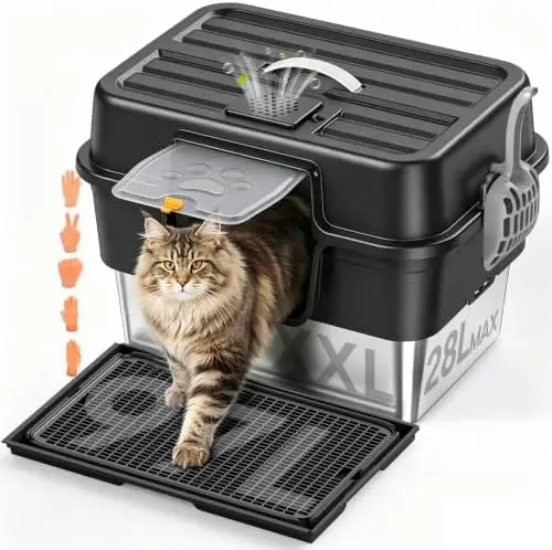 Stainless Steel Enclosed Litter Box for Large Cats, XXL Covered Cat Litter Box with Lid, Leakproof High Sided Metal Cat