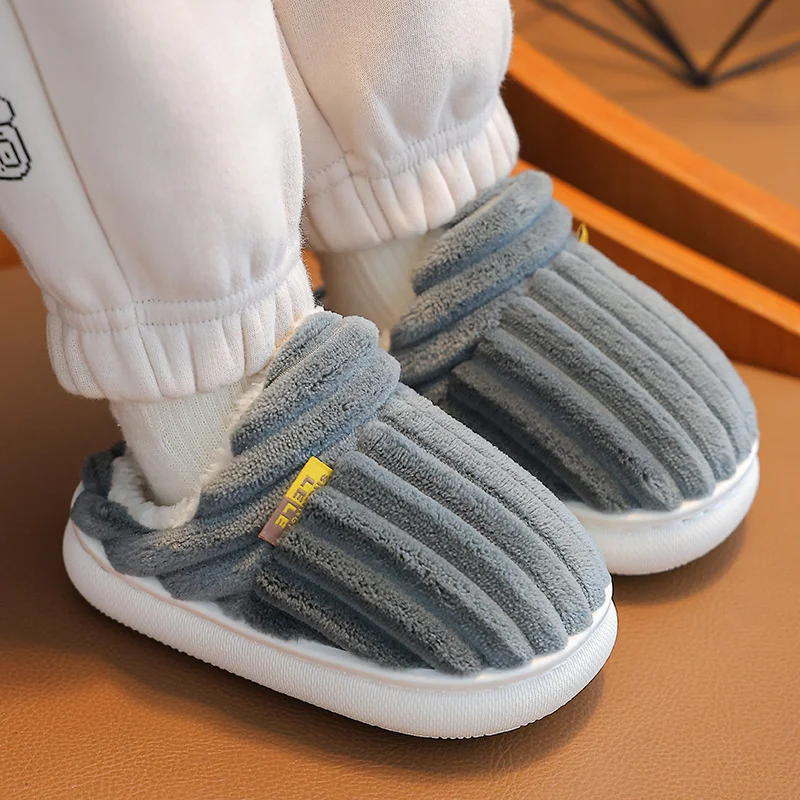 Slip-on Child Slippers Concise Stripe Winter Warm Plush Floor Slipper Non-slip Wrap Warm Boys Girls Shoes ﻿Baby Accessories