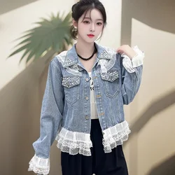 Women Denim Jacket 2025 New Fashion Design Lace Patchwork Spring Autumn Casual Jeans Coat Outerwear Top Large Size 5XL