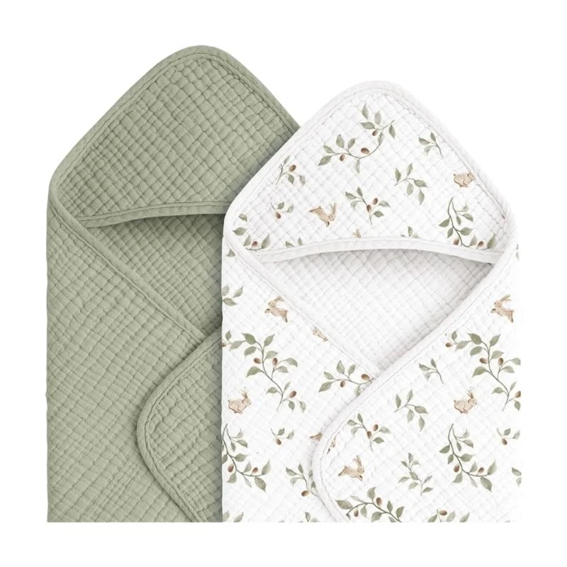 

J15U 【2 Pack】Hooded Baby Towel Cotton Gauze Blanket, Super Soft & Absorbent for Bath Time, Newborn Photo Baby Shower
