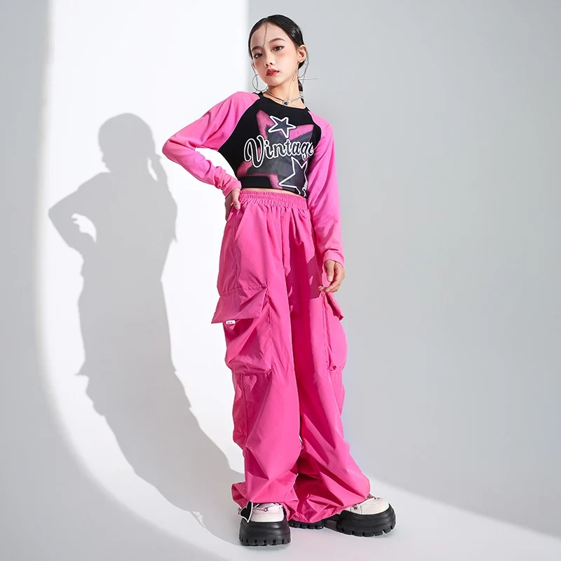 Trajes modernos de dança jazz para crianças, tops cor-de-rosa, calças cargo, roupas hip-hop para meninas, roupas de desempenho, novas, DQS15241, 2023