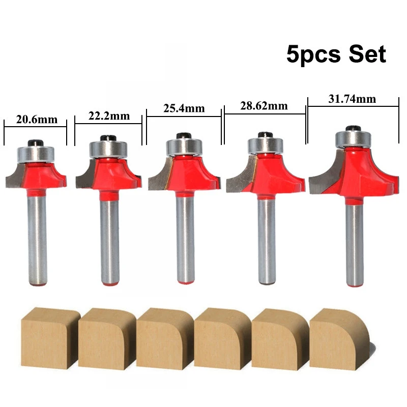 Fraise affleurante pour outil de travail de calcul du bois, coin de tige rond sur mèche de routeur avec livres de roulement, 6mm, 5 pièces