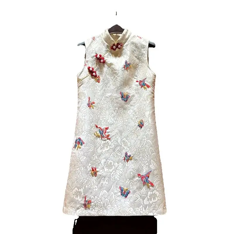 

Vintage Cheongsam Dress for Women 2025 New Summer Stand Collar Diamonds Beads Butterfly Embroidery Sleeveless Short A-line Dress
