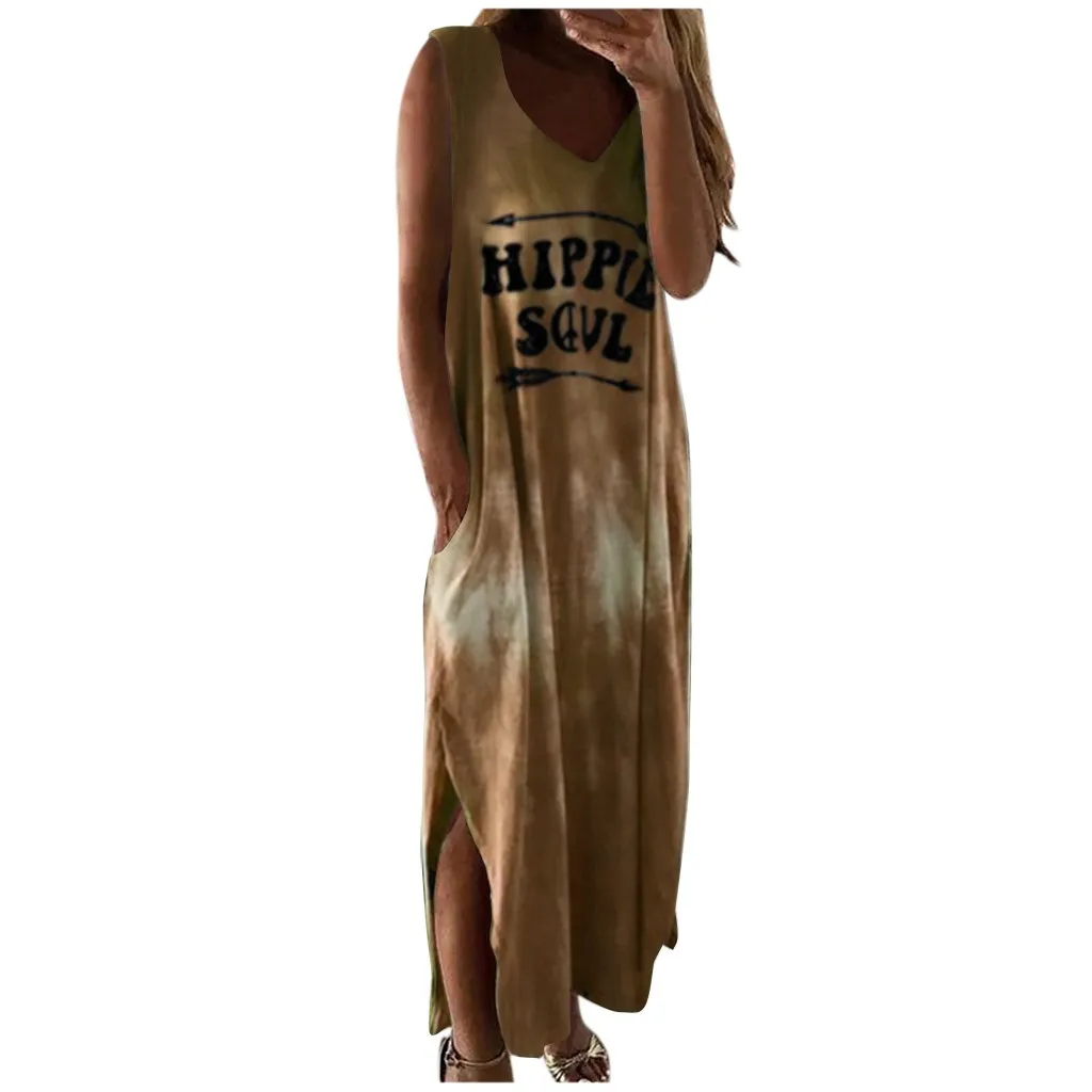 DrWomen Dresses Fashion Boho V Neck Sleeveless Gradient Color HIPPIE SOUL Pockets Long Loose Dress платья для женщин Summer 2024