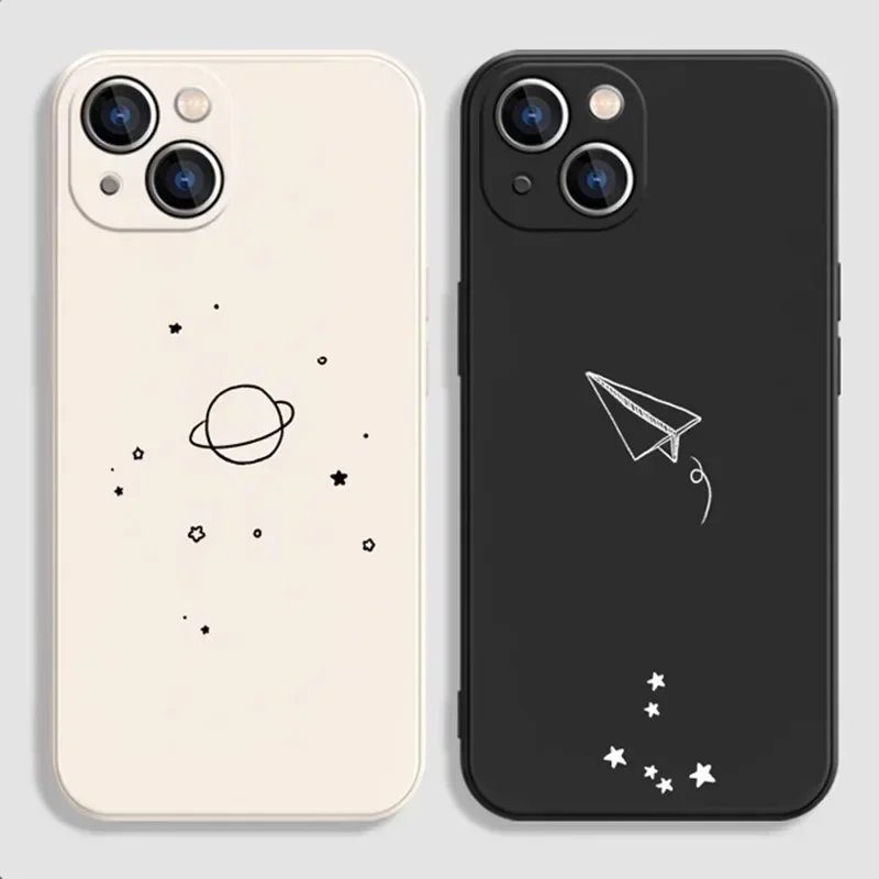 Simple Saturn Plane Couple Phone Cases For iPhone 16 15 13 14 12 11 Pro Max 12 13 Mini XS XR SE3 8 14 Plus Paired Shells Covers