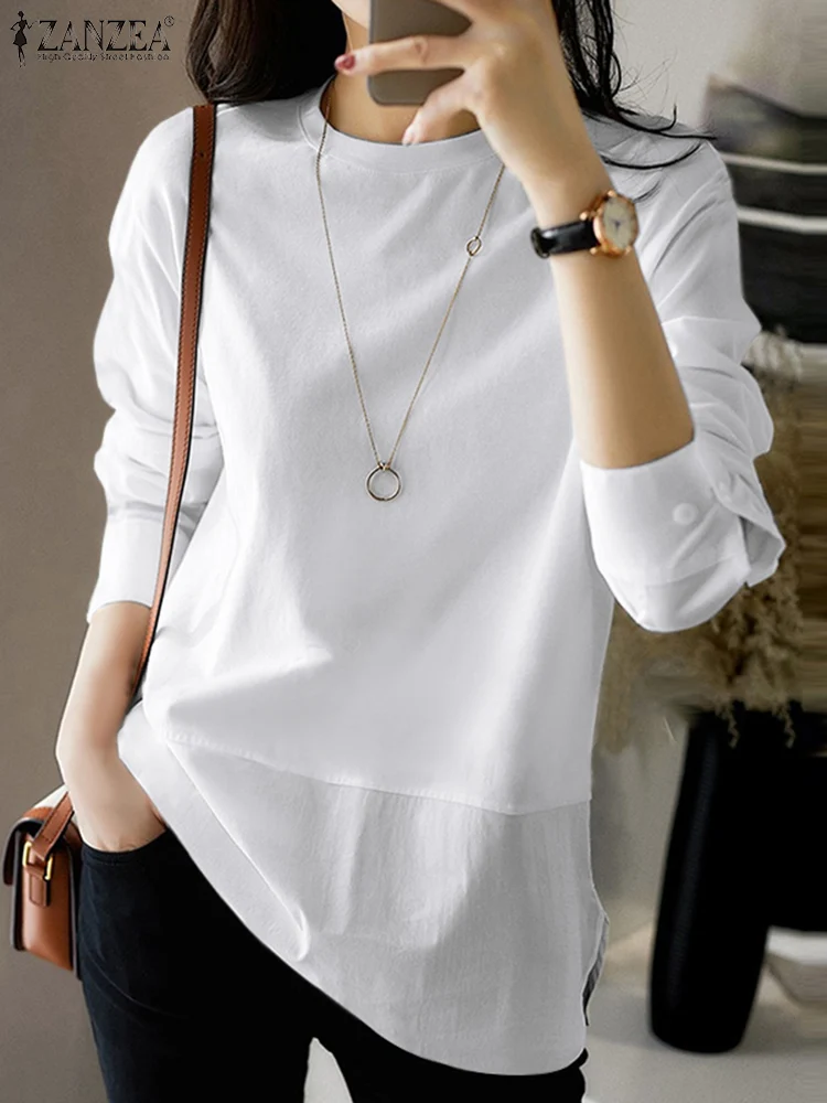 Stylish Women White Blouse Autumn Work Solid Shirt 2024 ZANZEA Casual O Neck Long Sleeve Patchwork Blusas Femme Tunic Tops Mujer