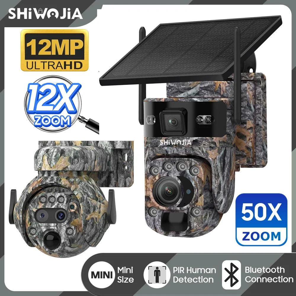 

SHIWOJIA 12MP 50X ZOOM Оптическая солнечная камера 4G Уличная камуфляжная камера безопасности Беспроводная 360° ° Наблюдение без слепых пятен