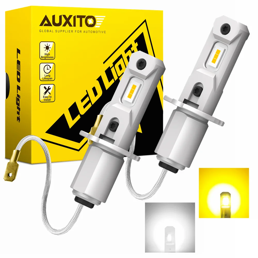 AUXITO 2Pcs Mini H3 LED Car Headlight Bulbs Fanless H3 LED Fog Light Bulb Yellow DRL Super Bright White Car Driving Lamp DC 12V