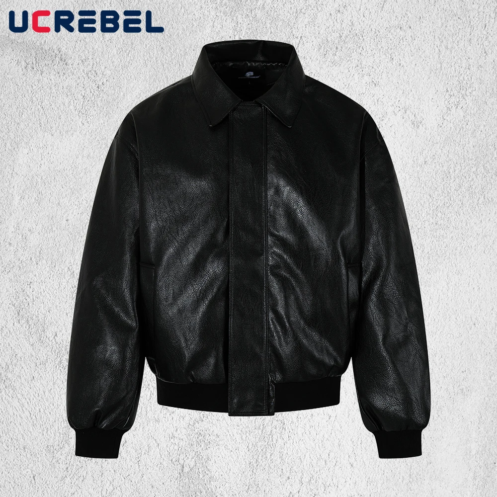 

Solid Color PU Leather Jacket Mens Autumn Winter Retro High Street Lapel Long Sleeve Motorcycle Quilted Jacket Man