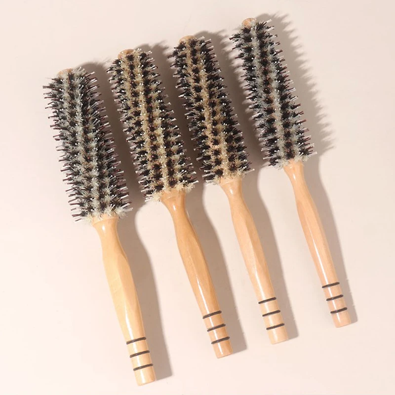 4 Style Straight Twill Hair Comb Wood Handle Round Rolling Brush Boar Bristle Round Barrel Hair Curling Brush Hairdressing Tool