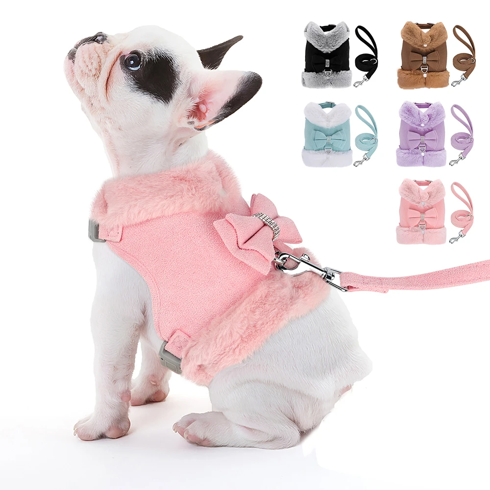 

Warm Winter Dog Harness and Leash Set Cute Bowknot Pet Fur Vest Pets Puppy Clothes Vest Small Dog Clothing French Bulldog