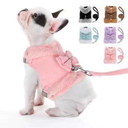 Warm Winter Dog Harness and Leash Set Cute Bowknot Pet Fur Vest Pets Puppy Clothes Vest Small Dog Clothing French Bulldog