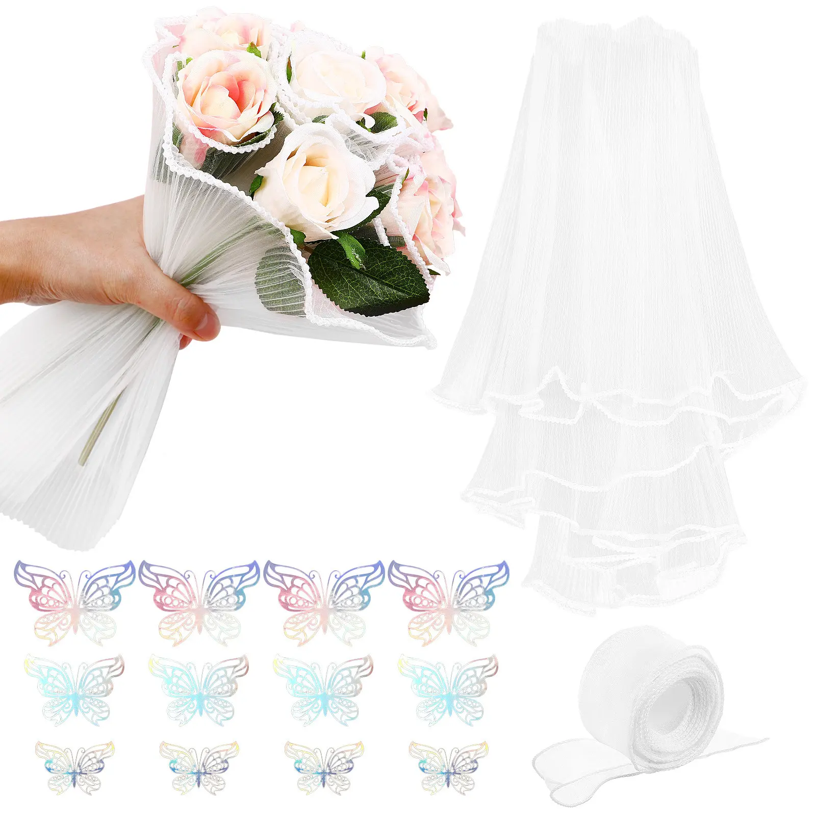 

Набор для упаковки букетов: жемчужная сетка, флористическая бумага, декоративные бабочки, лента, материалы для упаковки цветов для свадеб