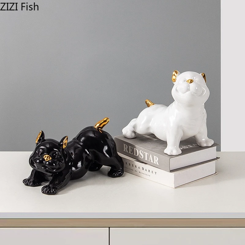

Черно-белая керамическая статуэтка собаки: милая фигурка животного, украшение для детской комнаты, настольная скульптура, декоративные фигурки
