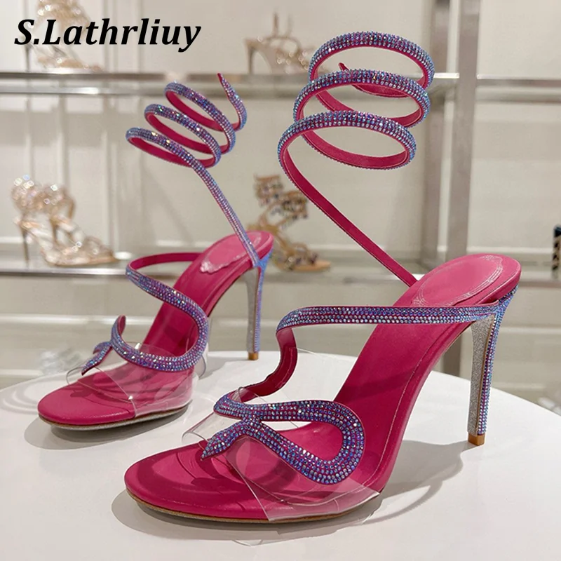 

Summer Transparent PVC High Heels Sandals Women Rhinestone Ankle Snake Twine Around Party Shoes Thin Heels Gladiator Sandalias