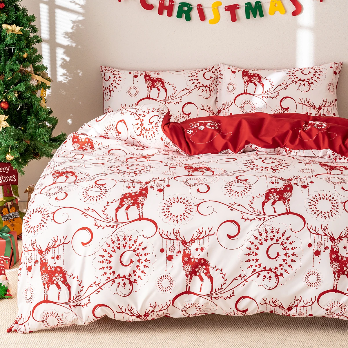 3pcs/set Christmas Reindeer Snowman Bedding Set Includes 1 Duvet Cover And 2 Pillowcases Soft And Skin-Friendly
