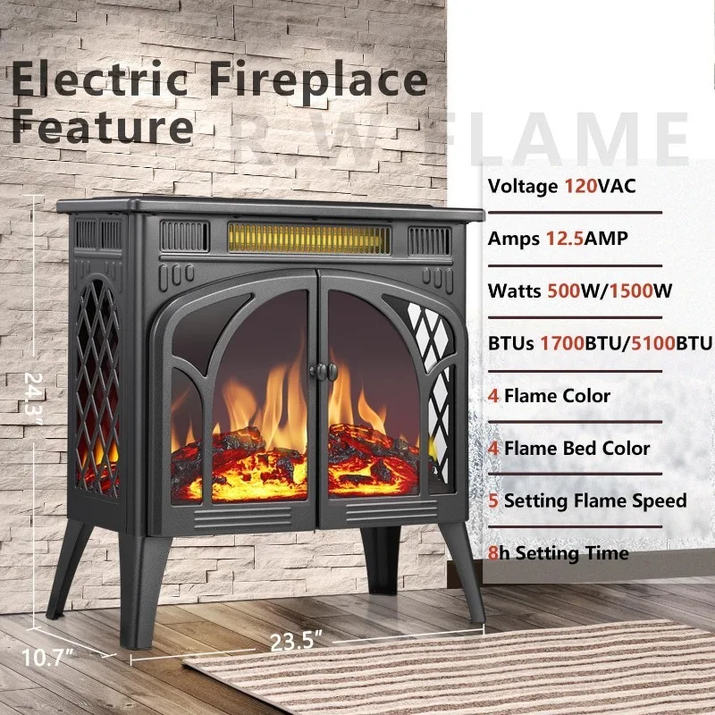 R.W.FLAME Electric Fireplace Stove Heater with Remote Control, 25" Fireplace Heater, Adjustable Brightness and Heating Mode