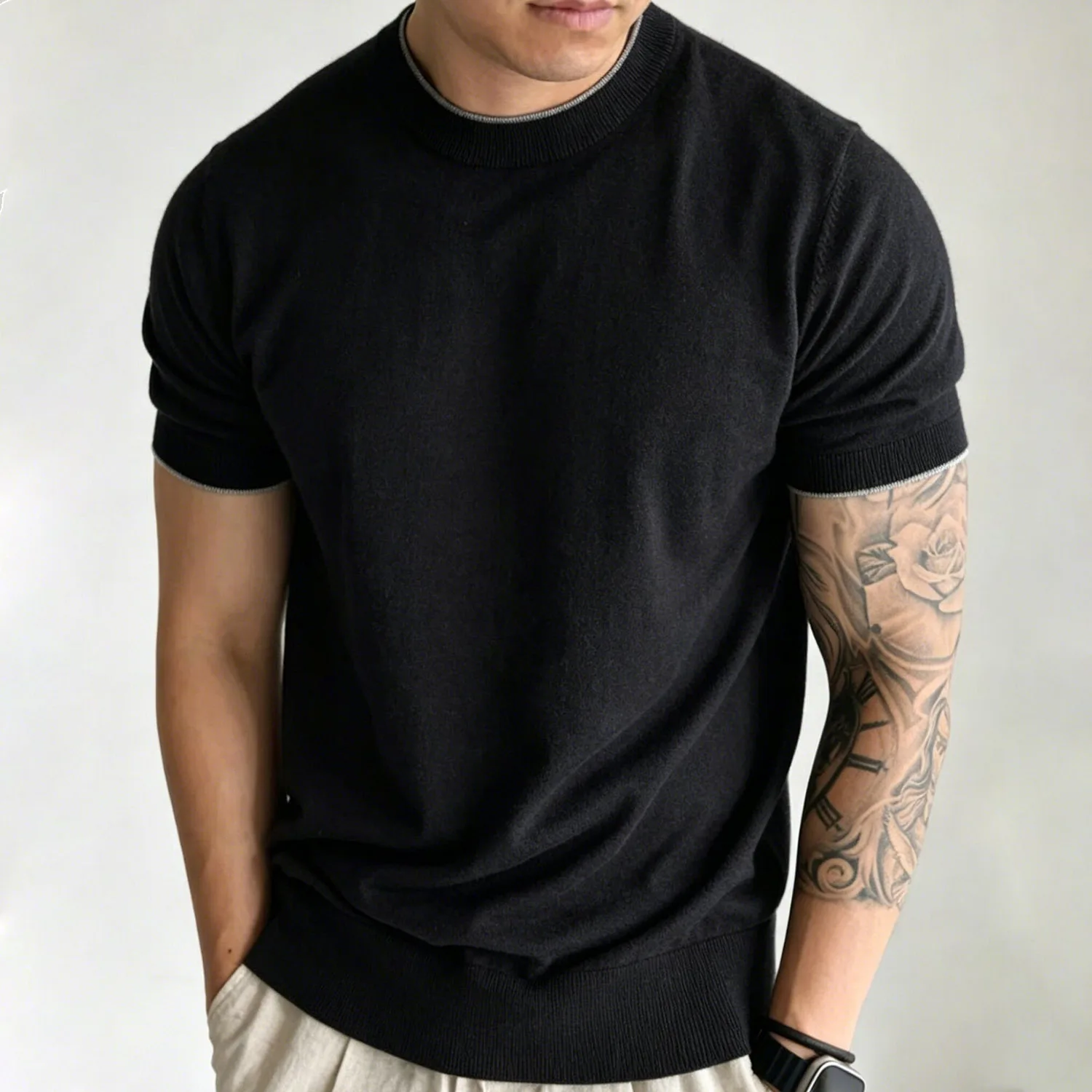 Light Luxury Cashmere Blend Anti Pilling Knitted Short Sleeved Round Neck T-shirt for Men