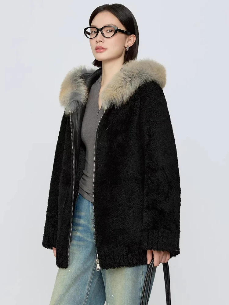 

High-end Luxury Merino Sheep Fur Jackets for Women Simple Detachable Natural Fox Fur Collar Hooded Genuine Leather Real Fur Coat