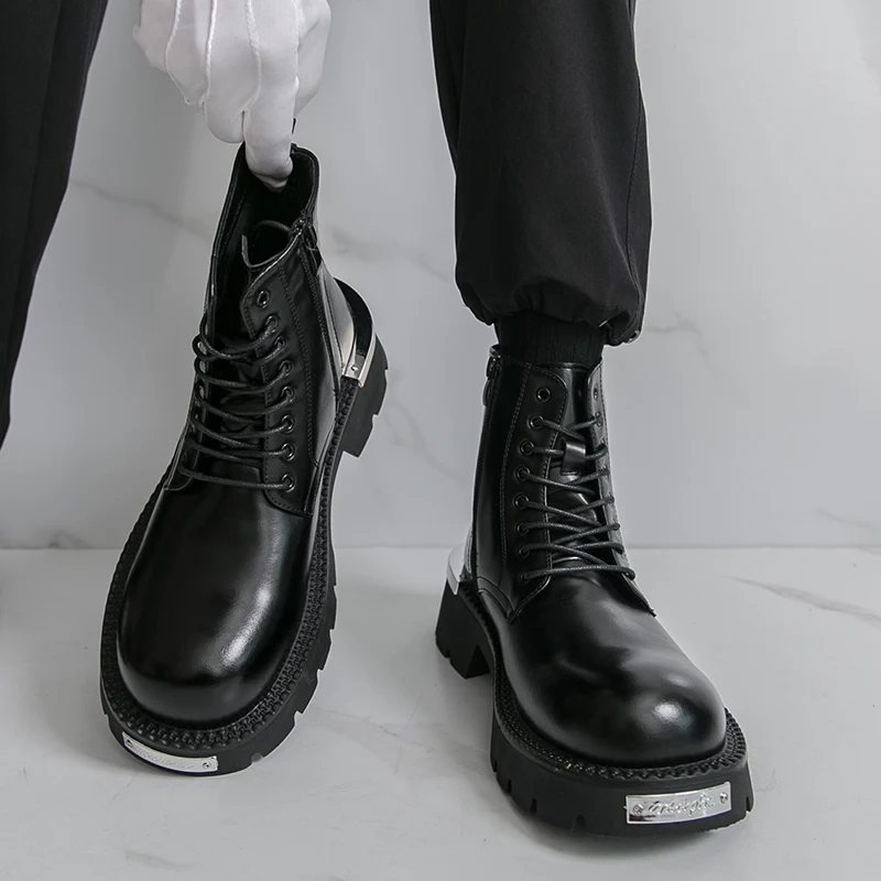 

Men Business Chelsea Leather Shoes Men Lace-up Comfortable Thick-soled Fashionable Work Boots Outdoor Training Boots Sizes 38-46