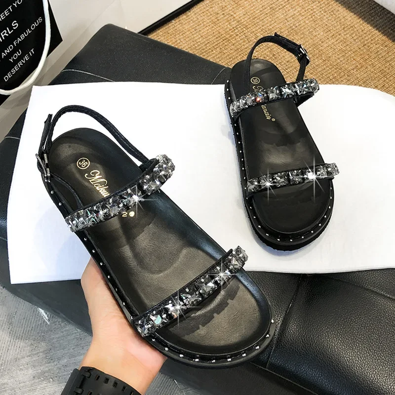 Rhinestone Band Platform Sandals Women Thick Bottom Flat Summer Gladiator Sandalias Mujer Crystal Beads Sandalias Femininas 2024