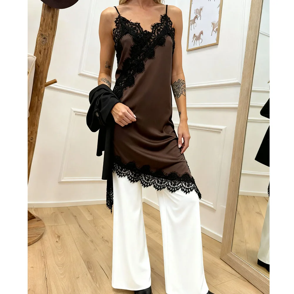 Frauen Sexy Satin Spitze Leibchen Mini Kleid Vintage Ästhetischen Ärmellose Spaghetti Strap Seide Cami Asymmetrische Slip Kleid