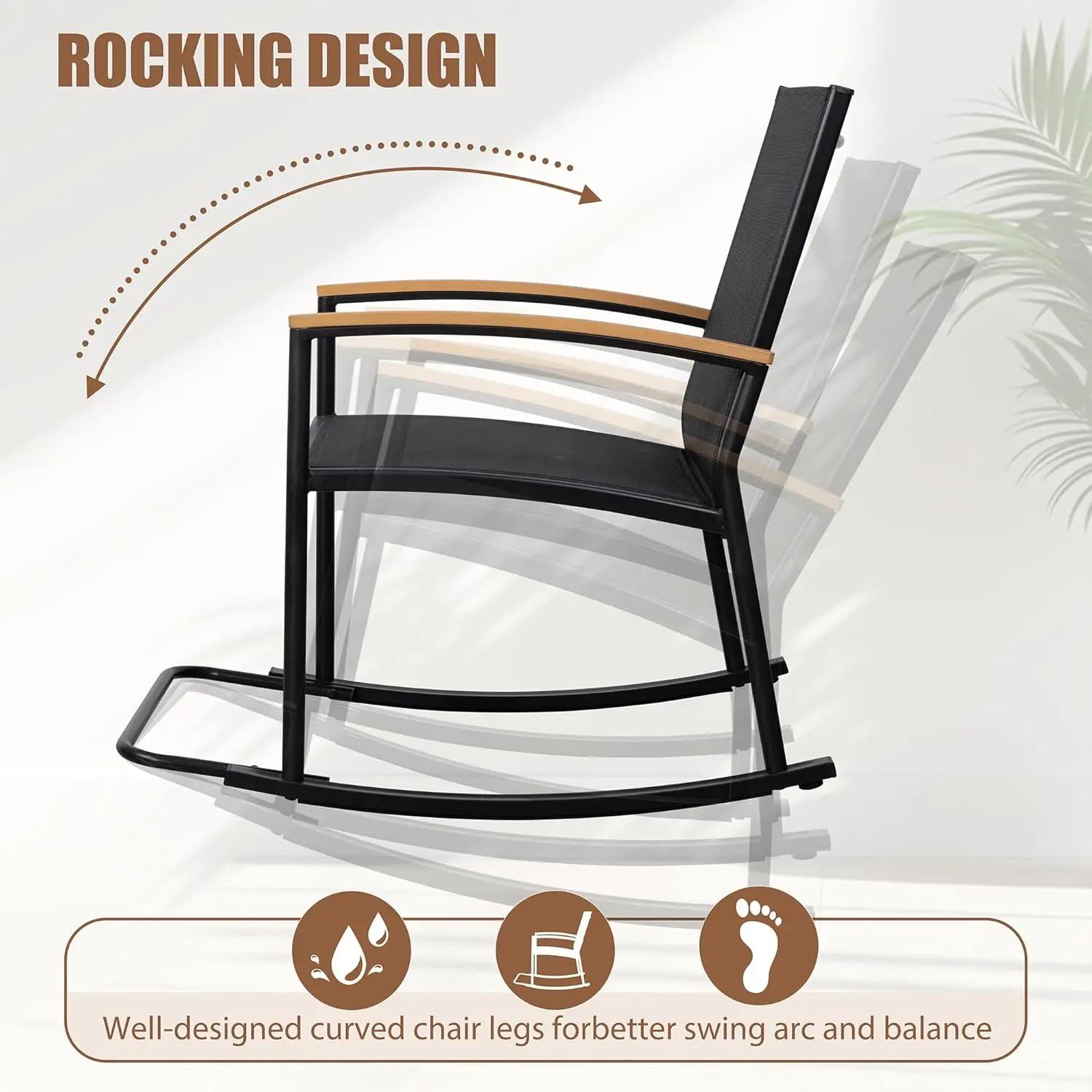 Outdoor Rocking Bistro Set, Textilene Tecido Pequeno Mobiliário Pátio Set, varanda frontal Cadeiras Rocker, Construção Set, 3 PCs
