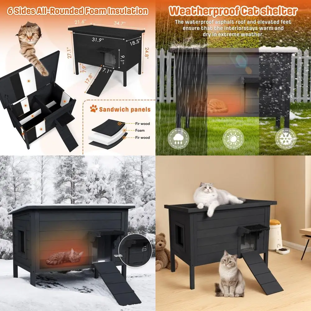 

Утепленный уличный домик для нескольких кошек, всепогодный, с акриловым окном, черный