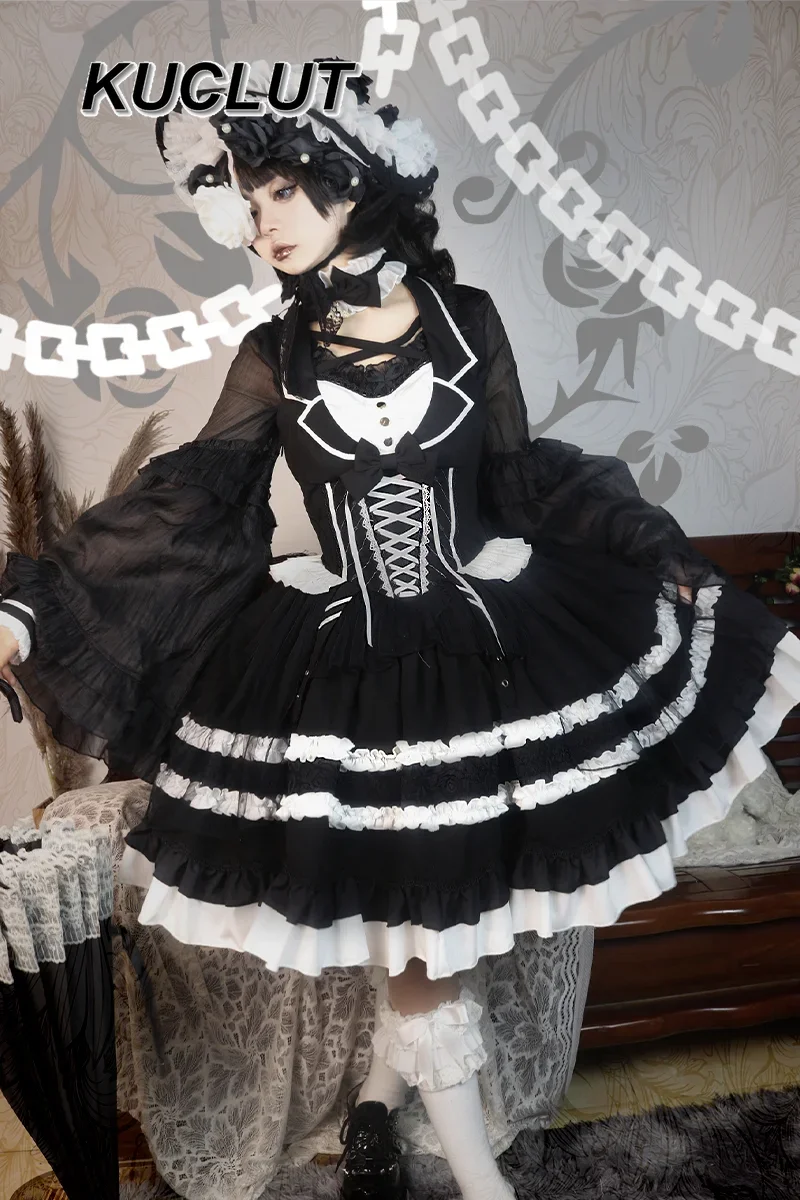 

Lolita Style JSK Black and White Elegant Dresses for Women 2025 Summer New Fashion Princess Y2k Short Dress Female