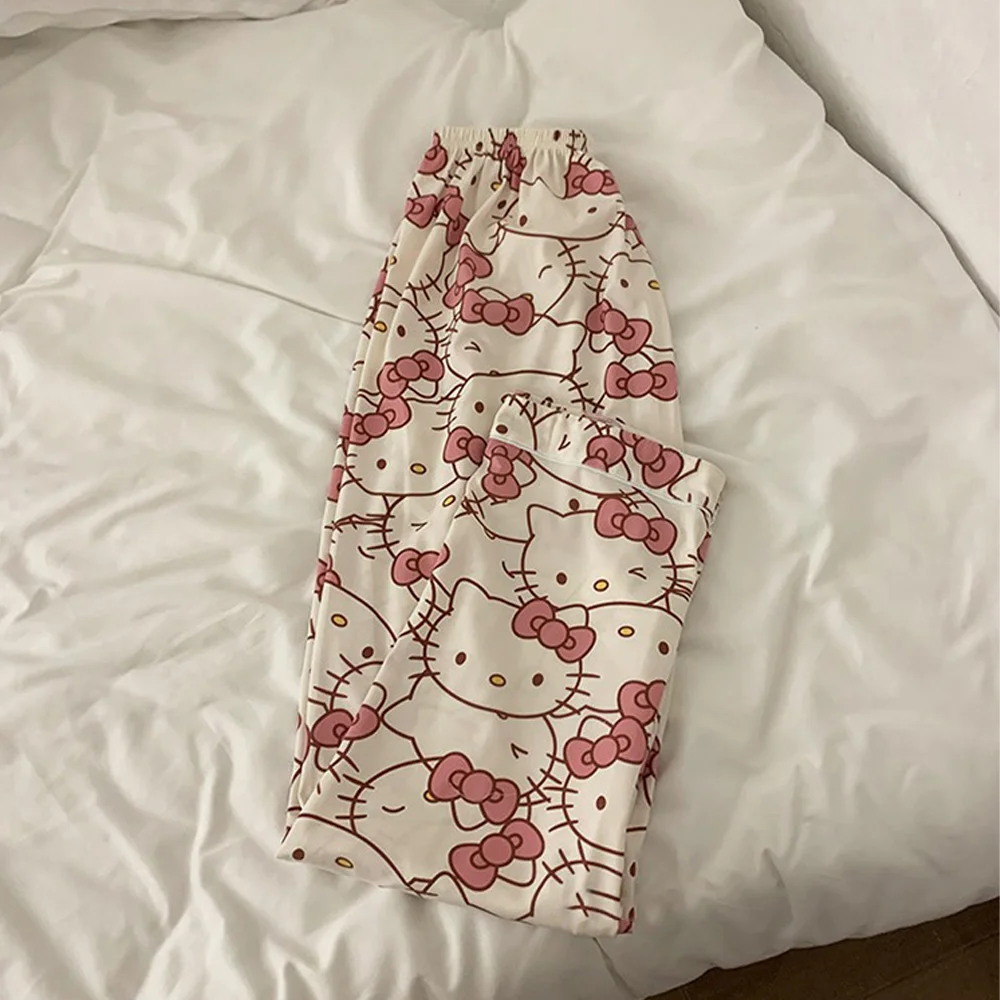 2 pièces mignon Hello Kitty pyjama costume dessin animé Sanrioed Anime Kawaii femmes printemps haut d'automne pantalons vêtements de détente Homewear filles douces