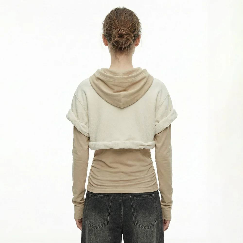 2026 New Limited Edition Fake Two-Piece Patchwork Long-Sleeved T-Shirt Form-Fitting Hooded Top for Women t-shirts y2k top