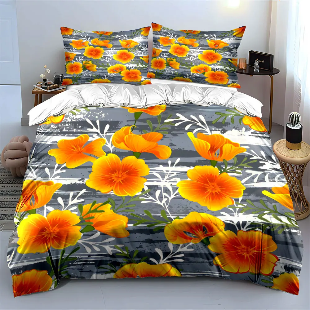 Yellow flowers on gray background Print Bedding Set 1 Duvet Cover 2 Pillowcases for Adult and Children Luxury Gift Full Size