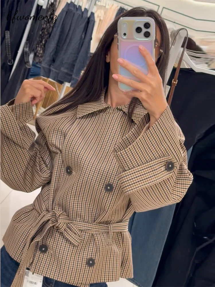 Vintage Women's Plaid Cropped Trench Coat Belt Lapel Double Breasted Long Sleeve Short Jacket 2026 Autumn Lady Street Outwear