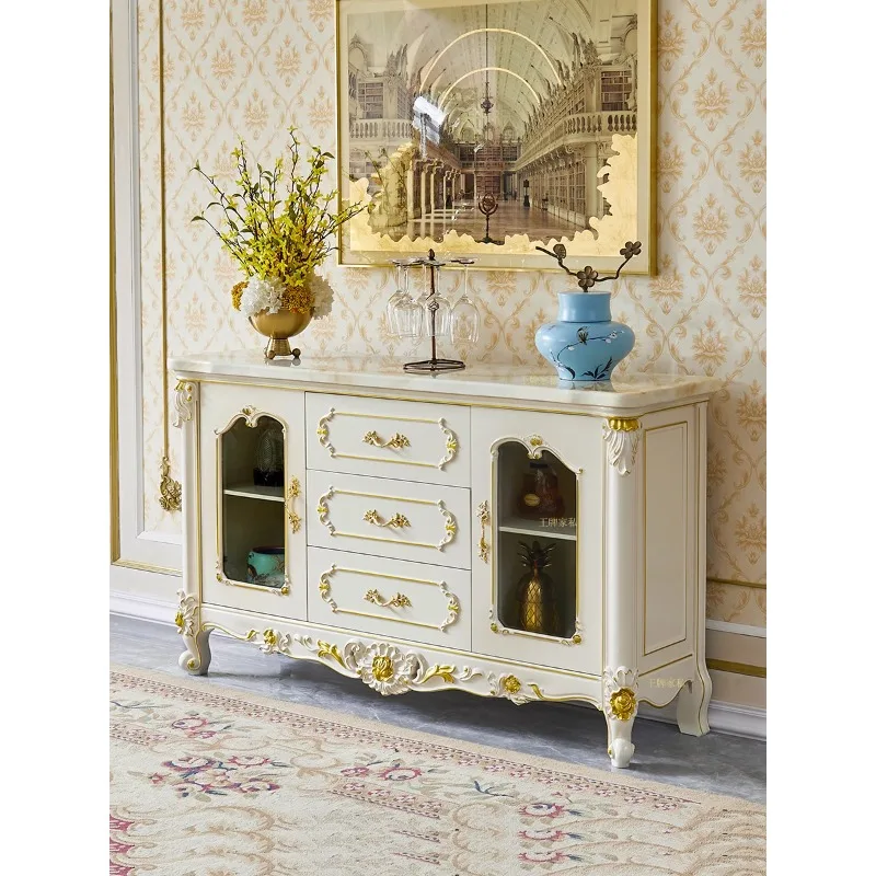 European-style all-solid wood dining side cabinet, white marble kitchen, tea cabinet against the wall, hand-carved glass door, l