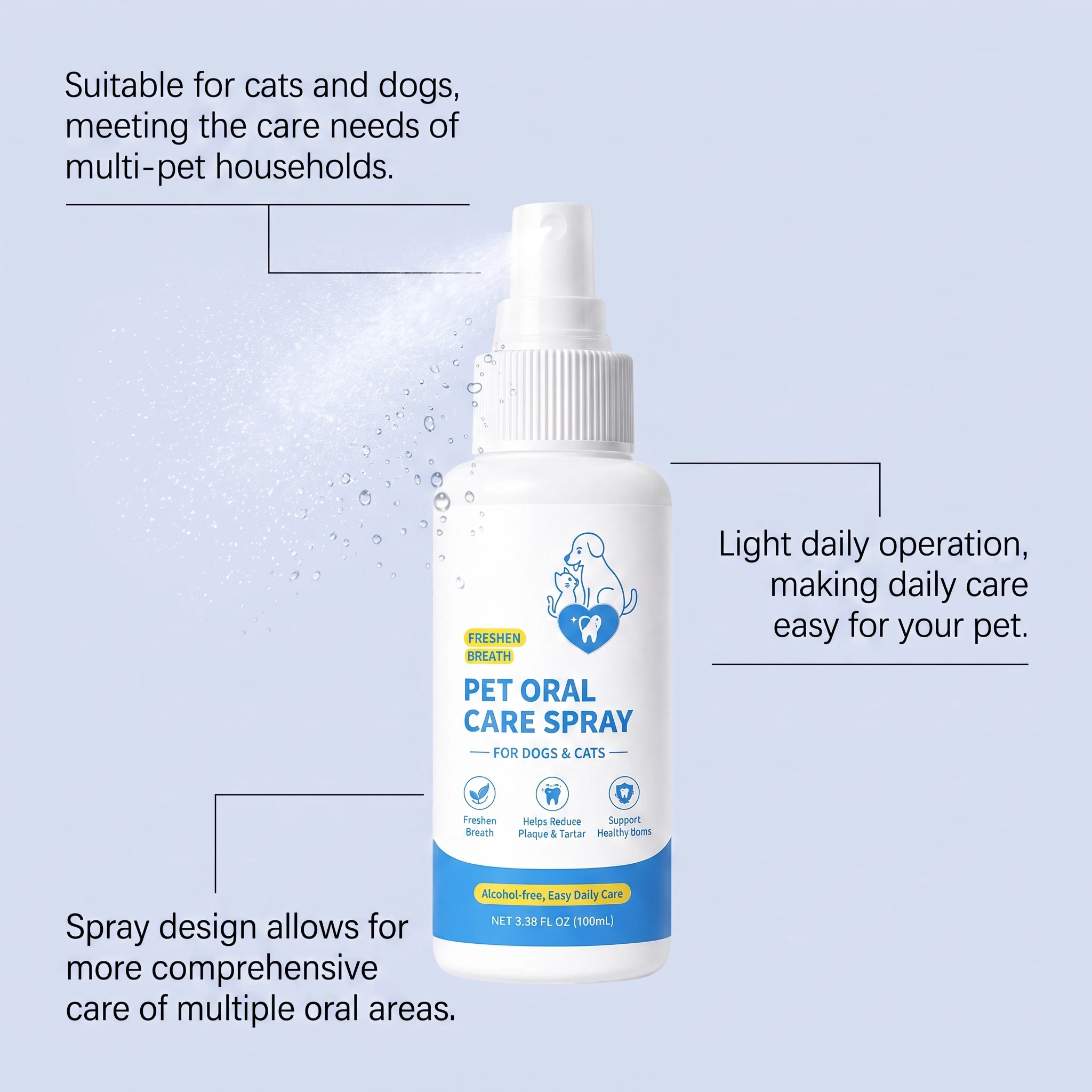 100ML Pet Oral Care Spray Easy Cleaning Teeth Stains Refreshing Breath Reduce Plaque & Tartar Promote Health Pet Oral Care Mist