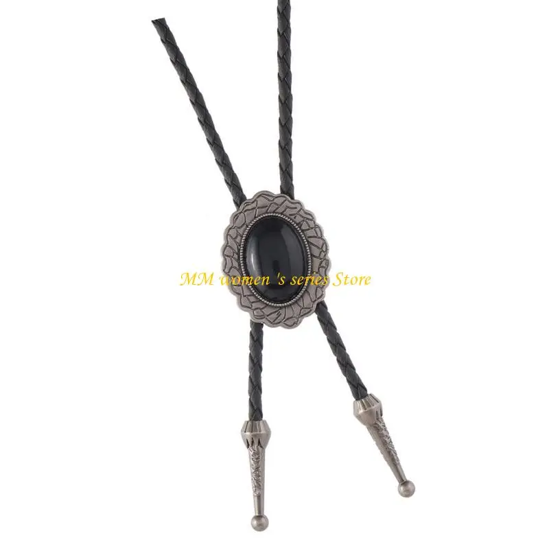 Q39C ربطة عنق بولو جلدية غربية قابلة للتعديل بحجر أسود عتيق للحفلات والمناسبات #4