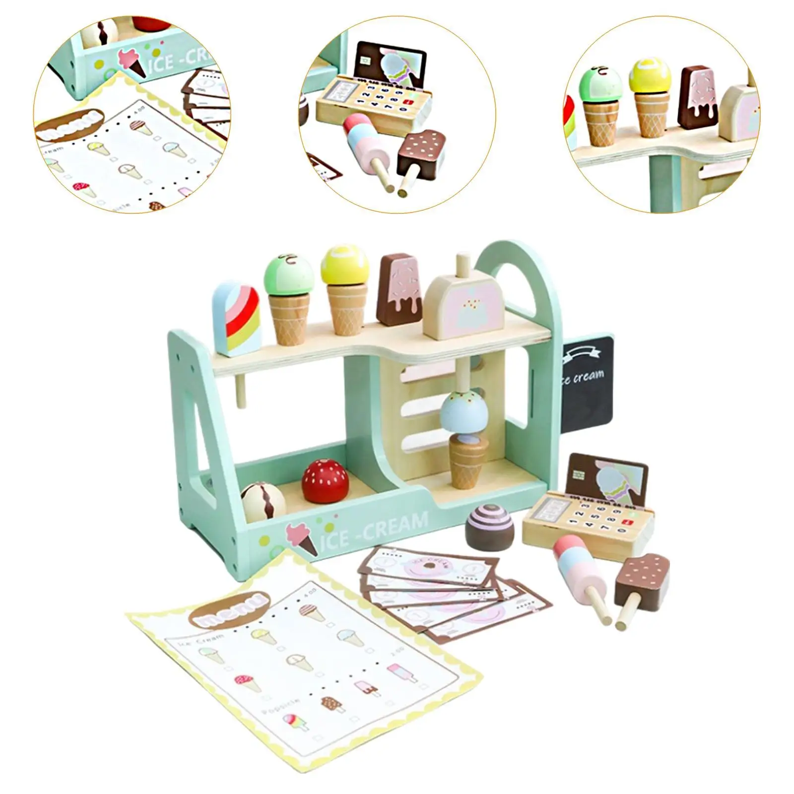 Wooden Ice Cream Counter Role Play Playset, Pretend Play Brinquedos, Conjunto de picolé para meninos e meninas, idades 3, 4, 5, 6 anos