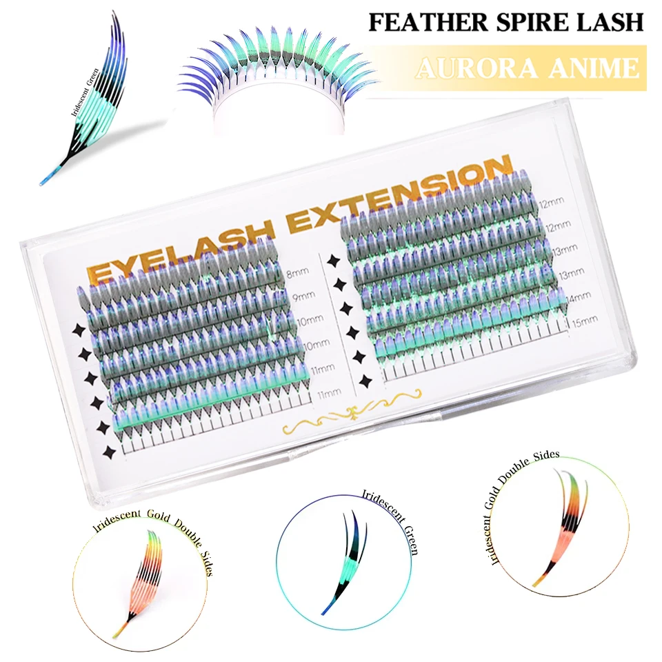 RUJADE Glitter Colored Feather Shape Premade Fan Lashes Eyelash Extension Manga Fairy Faux Lash Clusters For Christmas Makeup