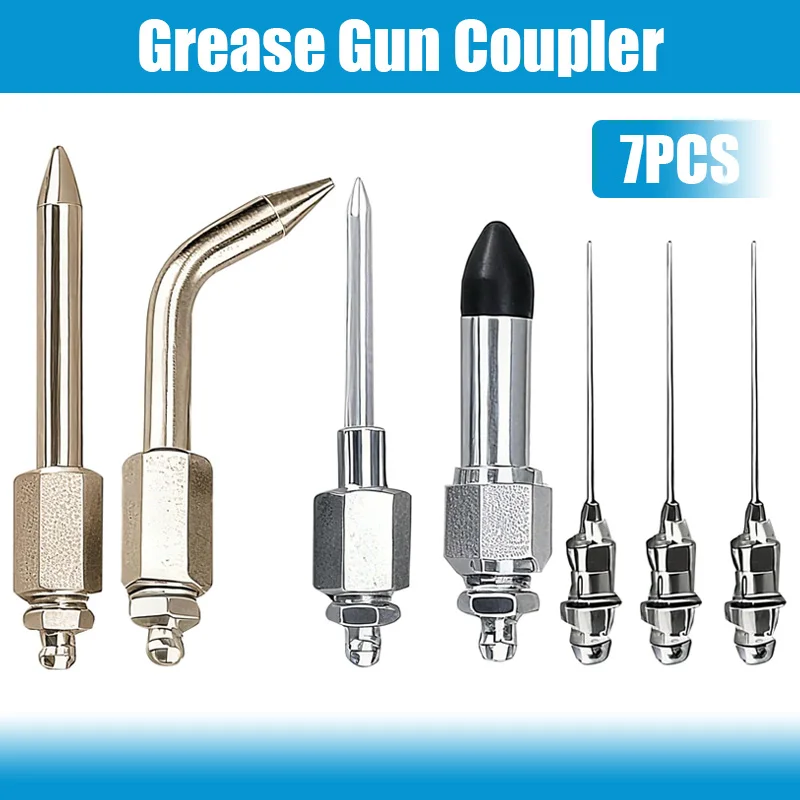 

7PCS Grease Gun Coupler Kit with 3 Grease Nipples, Needle Dispenser, Rubber Tip Connector Nipple, Straight Nozzle, Coupler