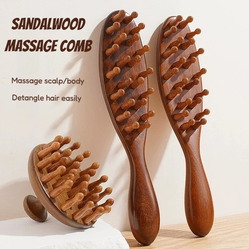 Natural Sandalwood Hair Massager Brush Multi-Functional Guasha Scraping Body Massage Tool Wide Tooth Comb Wood Round Handle Comb