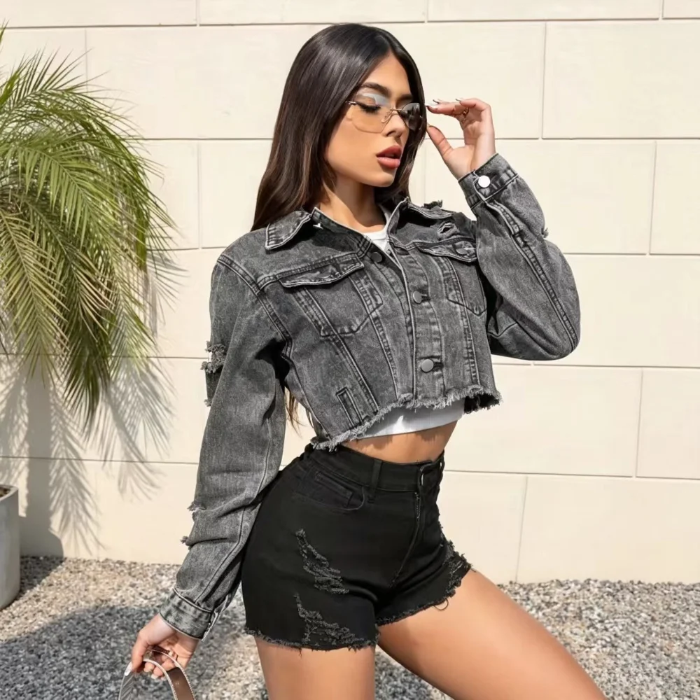 Retro Washed Old Short Denim Jacket Women, Ripped Rough Edge Design Sense, Spice Girl Waist Loose Jacket Street Trendy Top