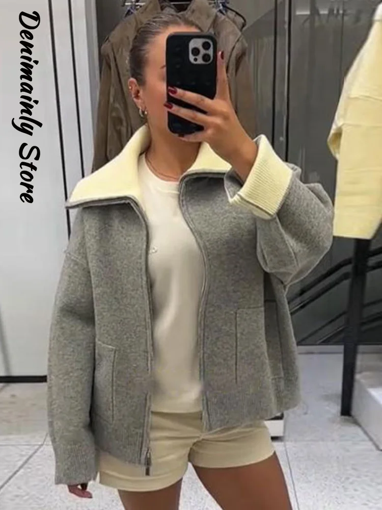 Chic Women's Color Blocking Knitted Patchwork Cardigan Loose Lapel Long Sleeve Zipper Pocket Sweater 2026 Autumn Lady Knitwear
