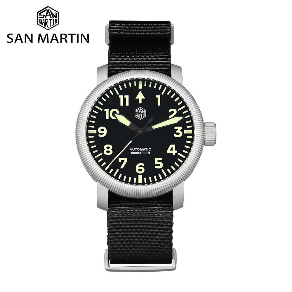 

San Martin Men Watch 40mm Simple Pilot Style Bead Blasted Steel Automatic Mechanical Watches Waterproof 10Bar C3 Luminous SN0143