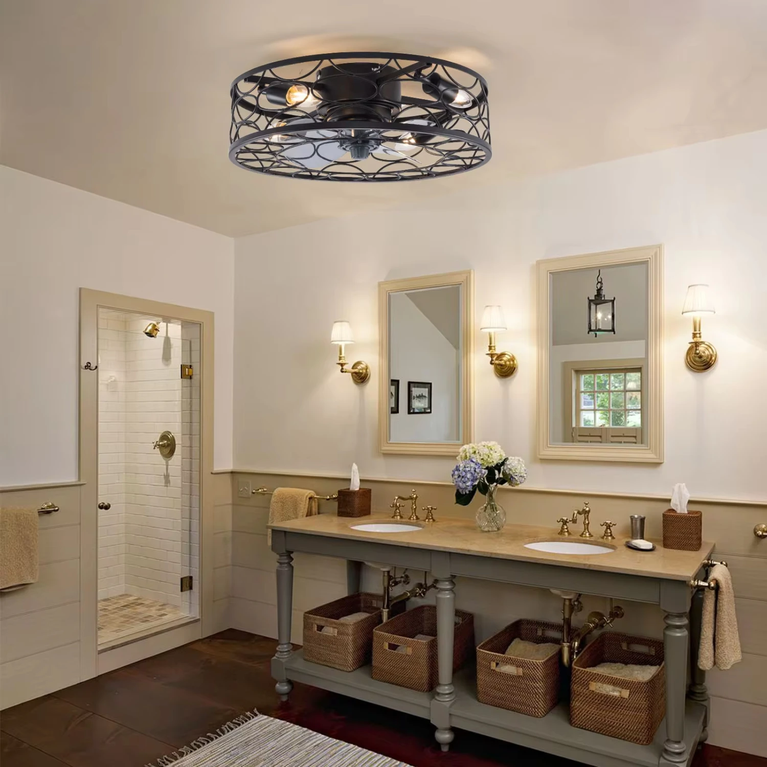 

18-inch Ceiling Fan with Lamp 5.9-inch High Cage Chandelier with Three Windshields and Intelligent Timing and Silent Motor Fans